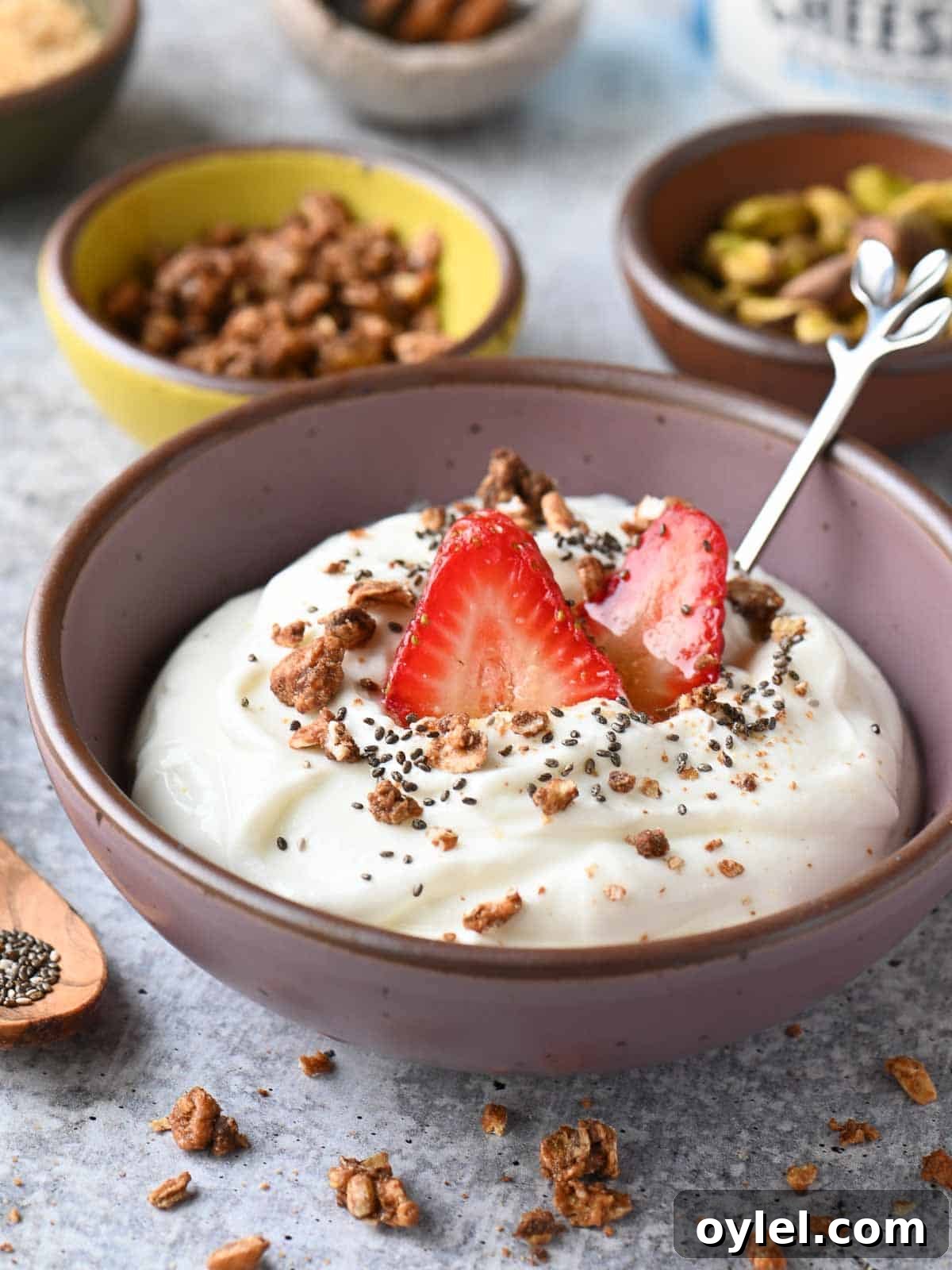Cottage cheese bowls with various toppings in a purple bowl.