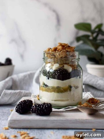 Eye level view of parfait in a jar layered with yogurt, blackberries lemon curd and granola on a grey background.