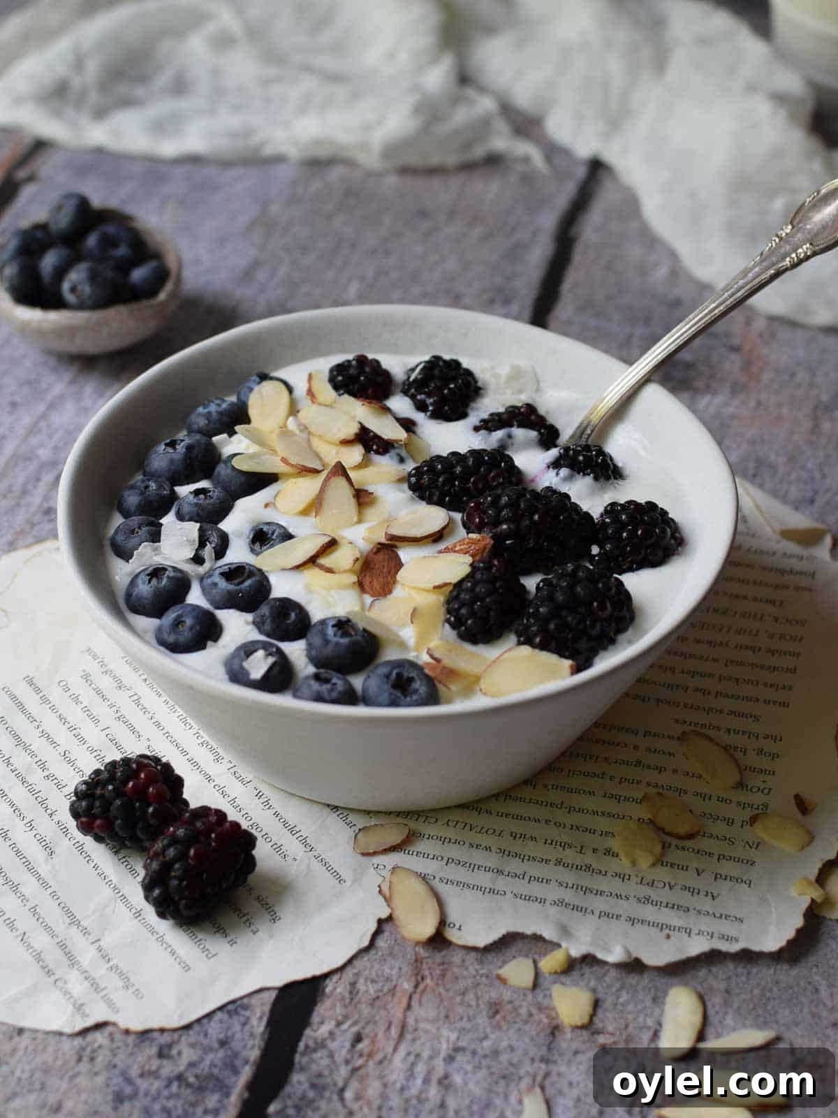 Bowl of whipped cottage cheese with fruit and nuts on top.