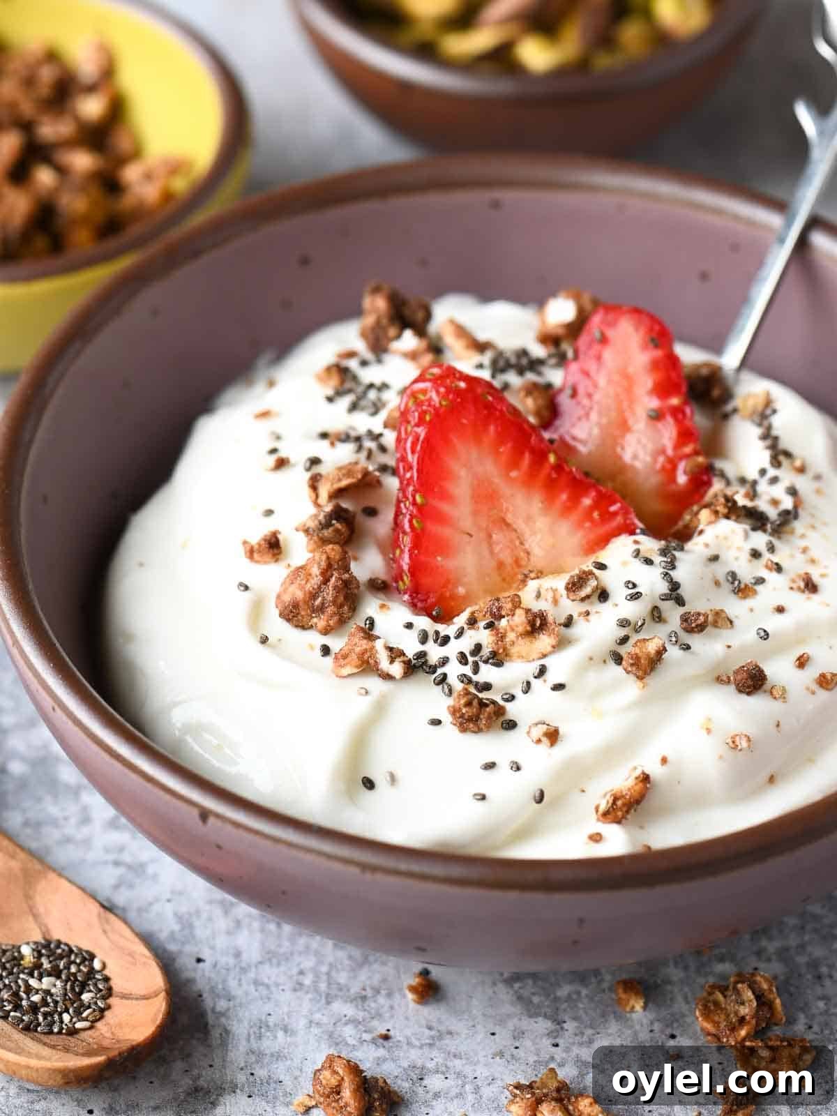Cottage cheese and toppings in a purple bowl.