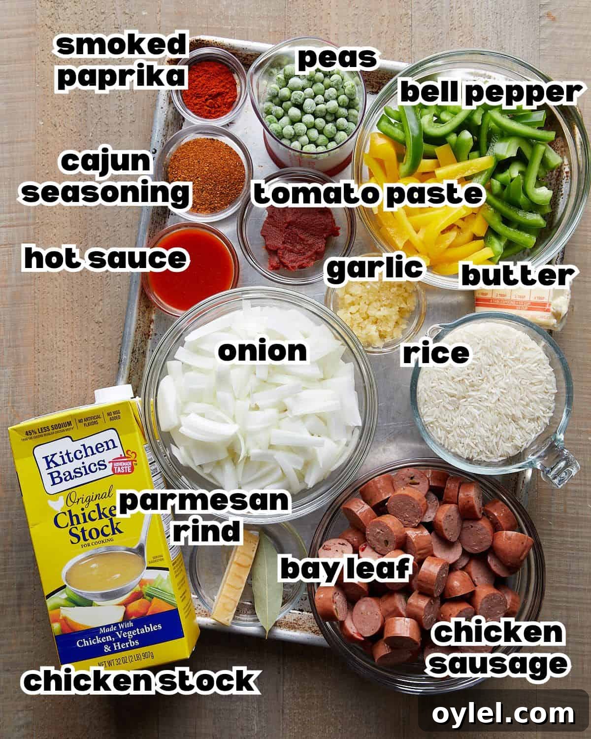 One-Pot Cajun Chicken Sausage and Rice 3 Overhead image of ingredients needed to make chicken sausage and rice.