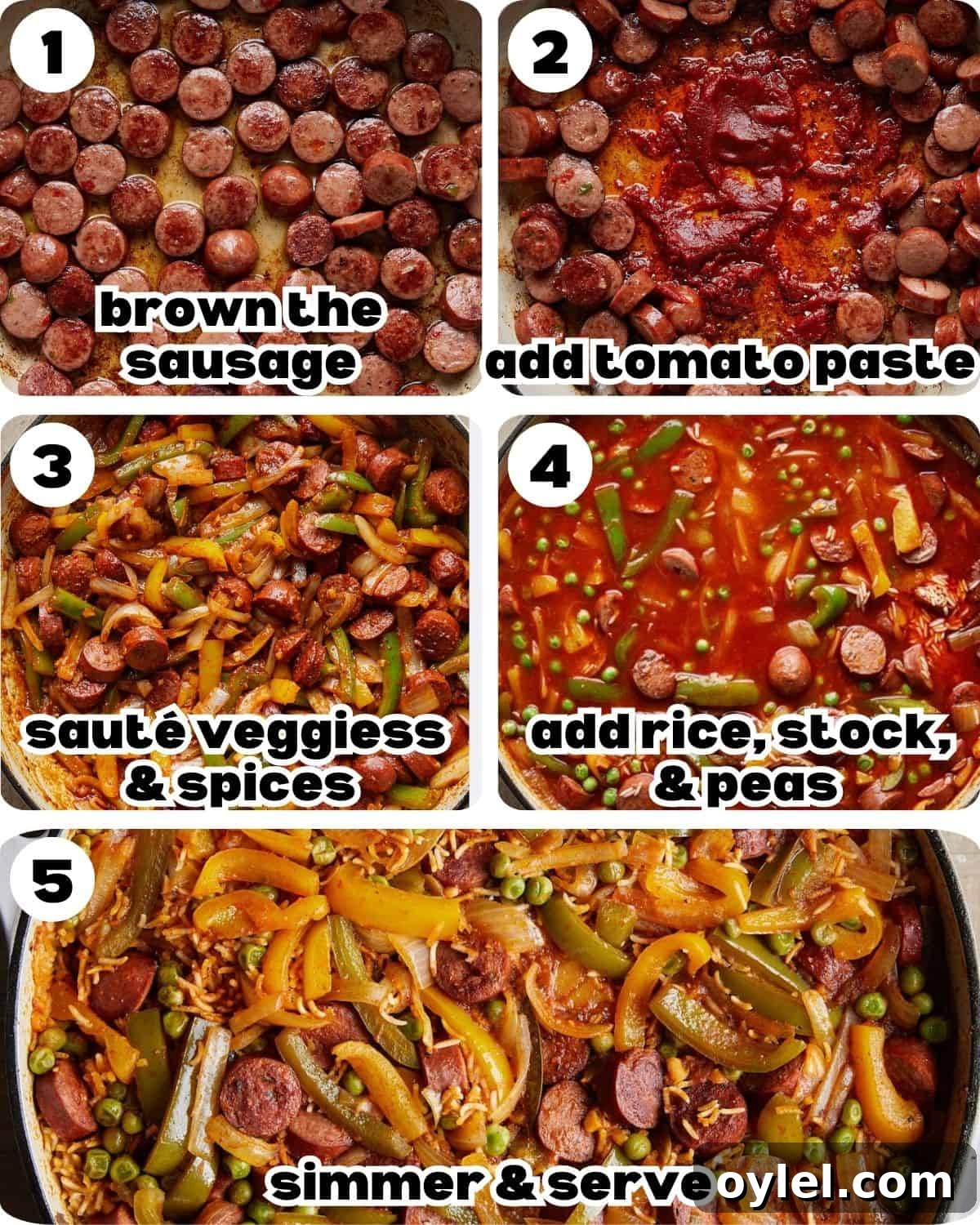 One-Pot Cajun Chicken Sausage and Rice 4 A 5 image collage showing the steps to make chicken sausage and rice.