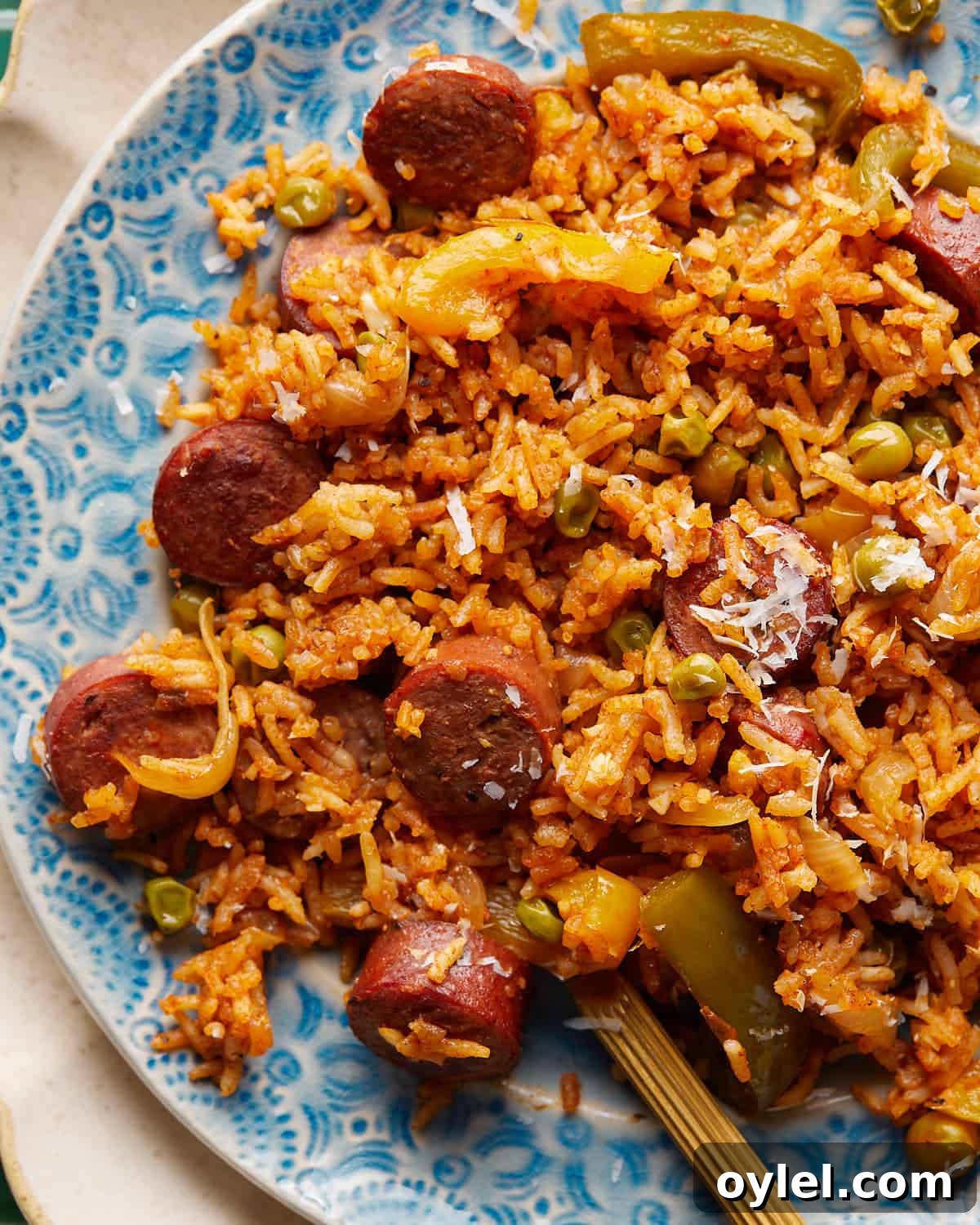 One-Pot Cajun Chicken Sausage and Rice 5 Up close image of chicken sausage and rice with parmesan topping.