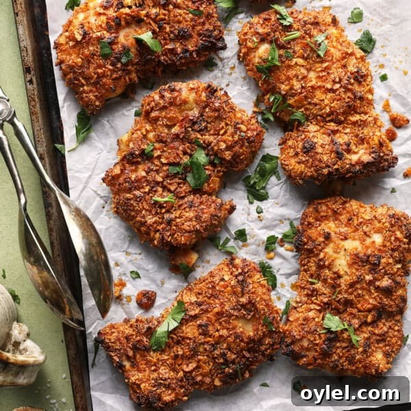 One-Pot Cajun Chicken Sausage and Rice 6 Crispy baked cornflake chicken thighs with chopped parsley on a parchment-lined sheet pan.