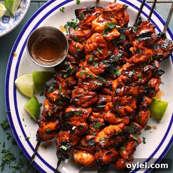 One-Pot Cajun Chicken Sausage and Rice 8 Cropped overhead photo of grilled chipotle lime chicken skewers served with lime wedges and extra hot honey sauce.