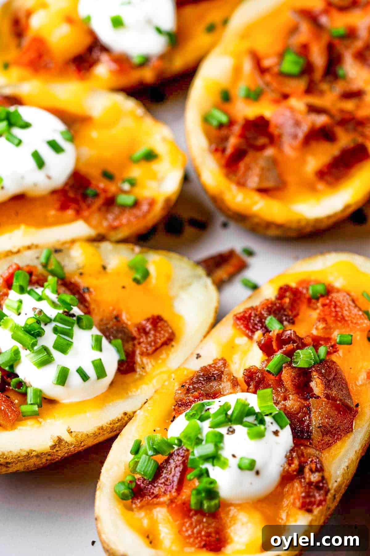 Crispy Air Fryer Potato Skins with Cheese and Bacon 8 plate of air fryer potato skins.