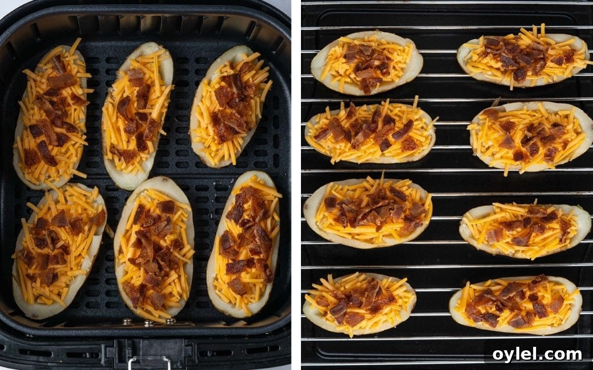 Crispy Air Fryer Potato Skins with Cheese and Bacon 9 Potato skins before cooking in Cosori air fryer and Instant Omni Plus