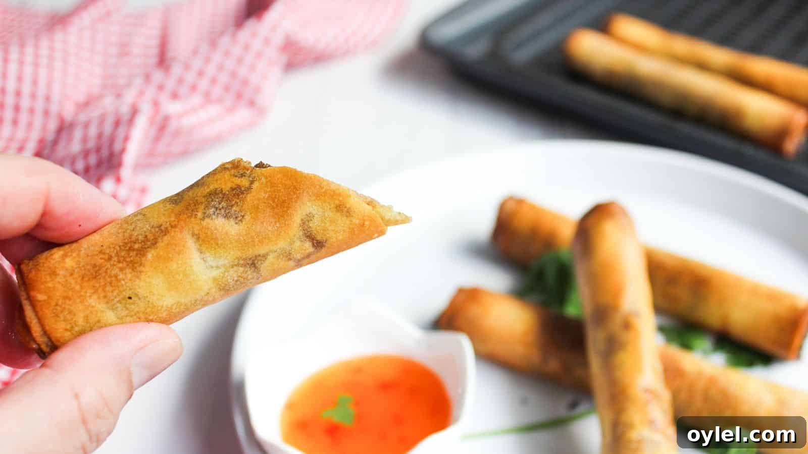 13 Asian Recipes You Won't Believe Are This Simple 13 Person holding an unbelievably good lumpia shanghai spring roll with more spring rolls and dipping sauce in the background.