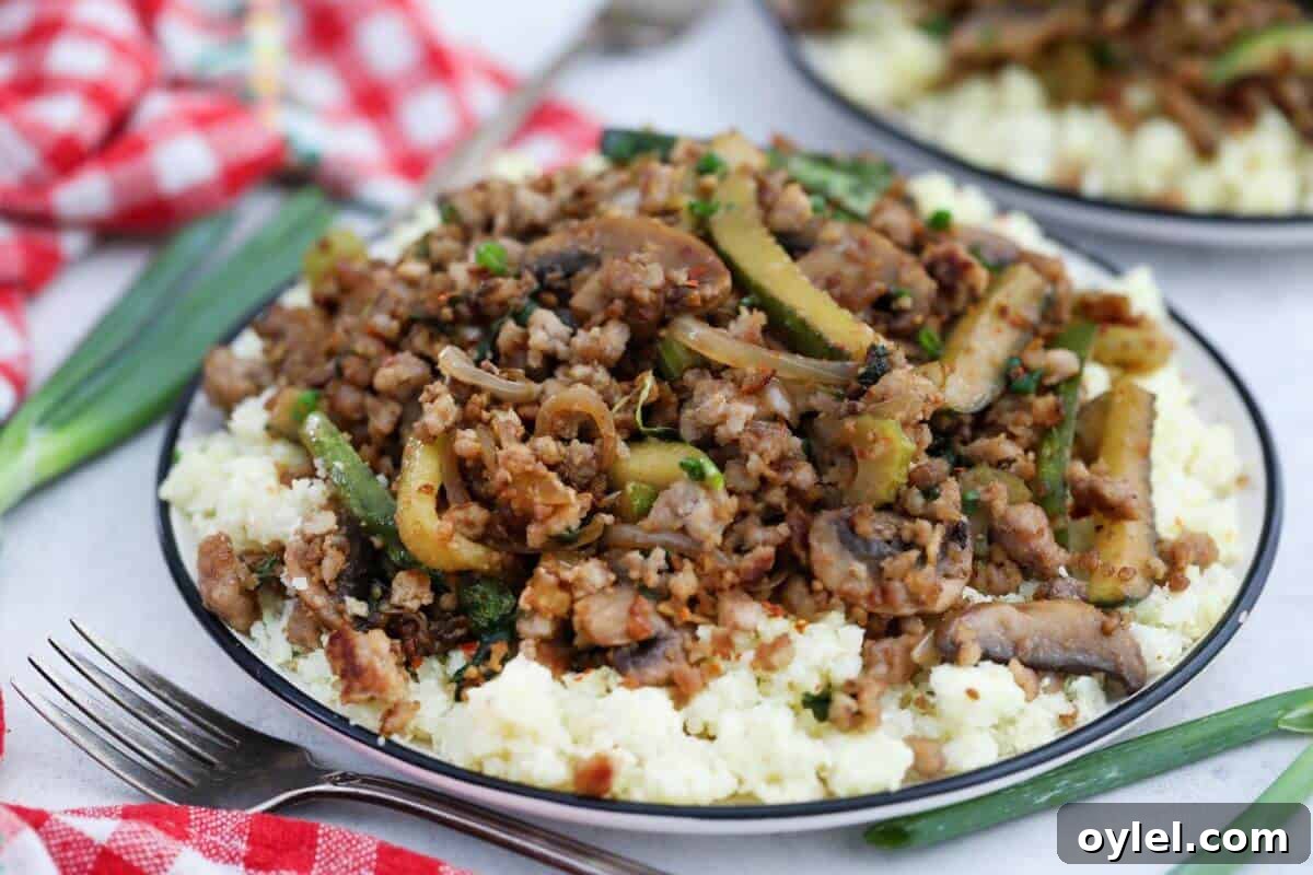 13 Asian Recipes You Won't Believe Are This Simple 9 A plate with ground pork stir fry on top of rice.