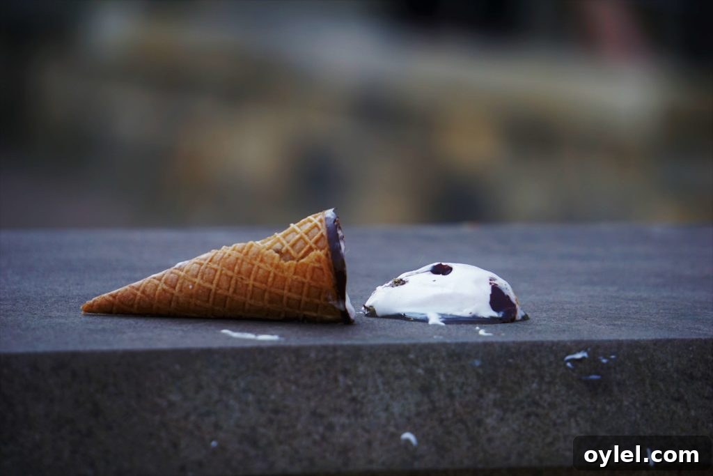 Why You Keep Eating After You're Full and How to Curb Overeating 2 a fallen ice-cream cone that is melting on dark pavement.