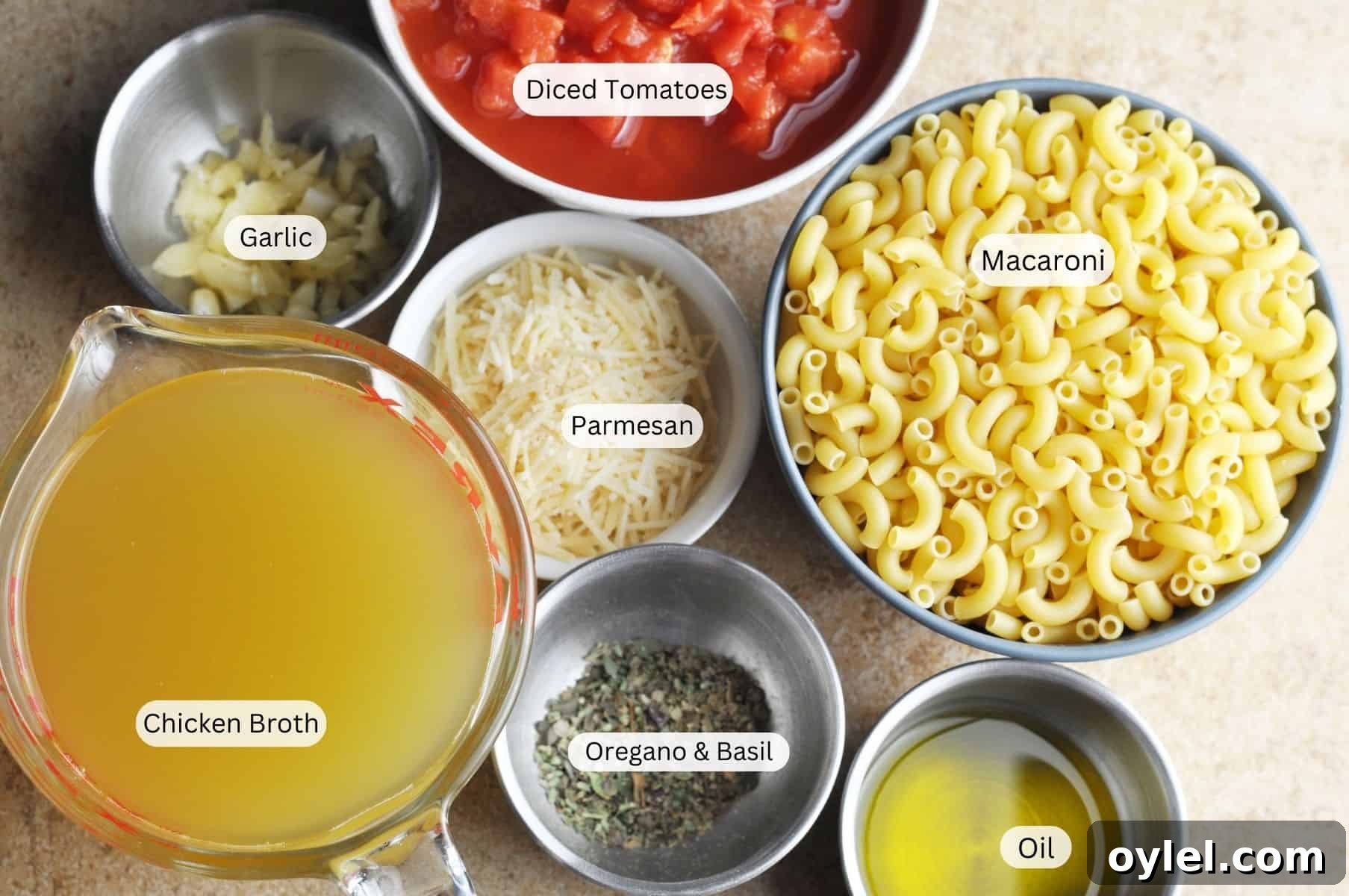 Chicken broth, macaroni, diced tomatoes, garlic, parmesan, oregano, and basil ingredients for macaroni and tomatoes.