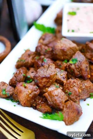 a plate of juicy air fried steak bites