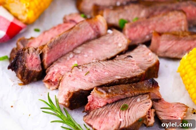 Sliced Asian style grilled steak topped with sea salt and served with corn on the cob.