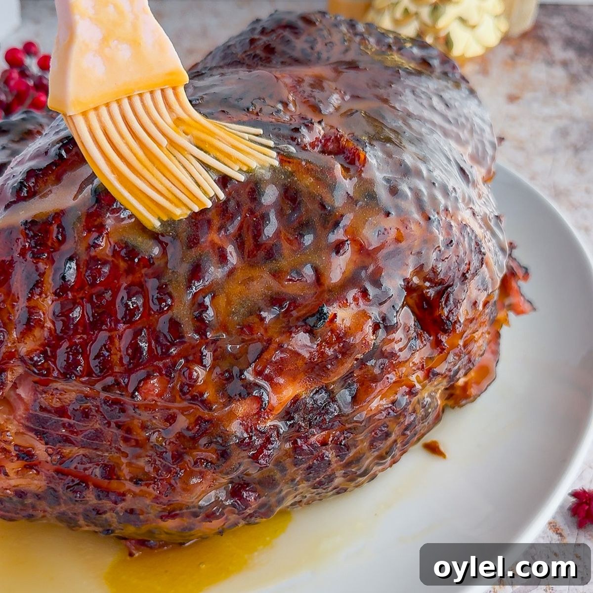 Basting ham.