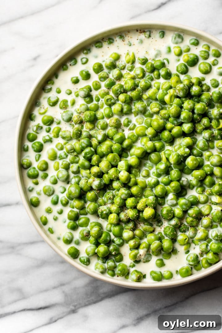 creamed peas in a serving bowl
