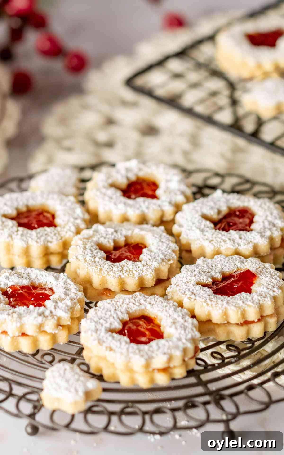 Linzer Tarts on a round wire rack cooling.