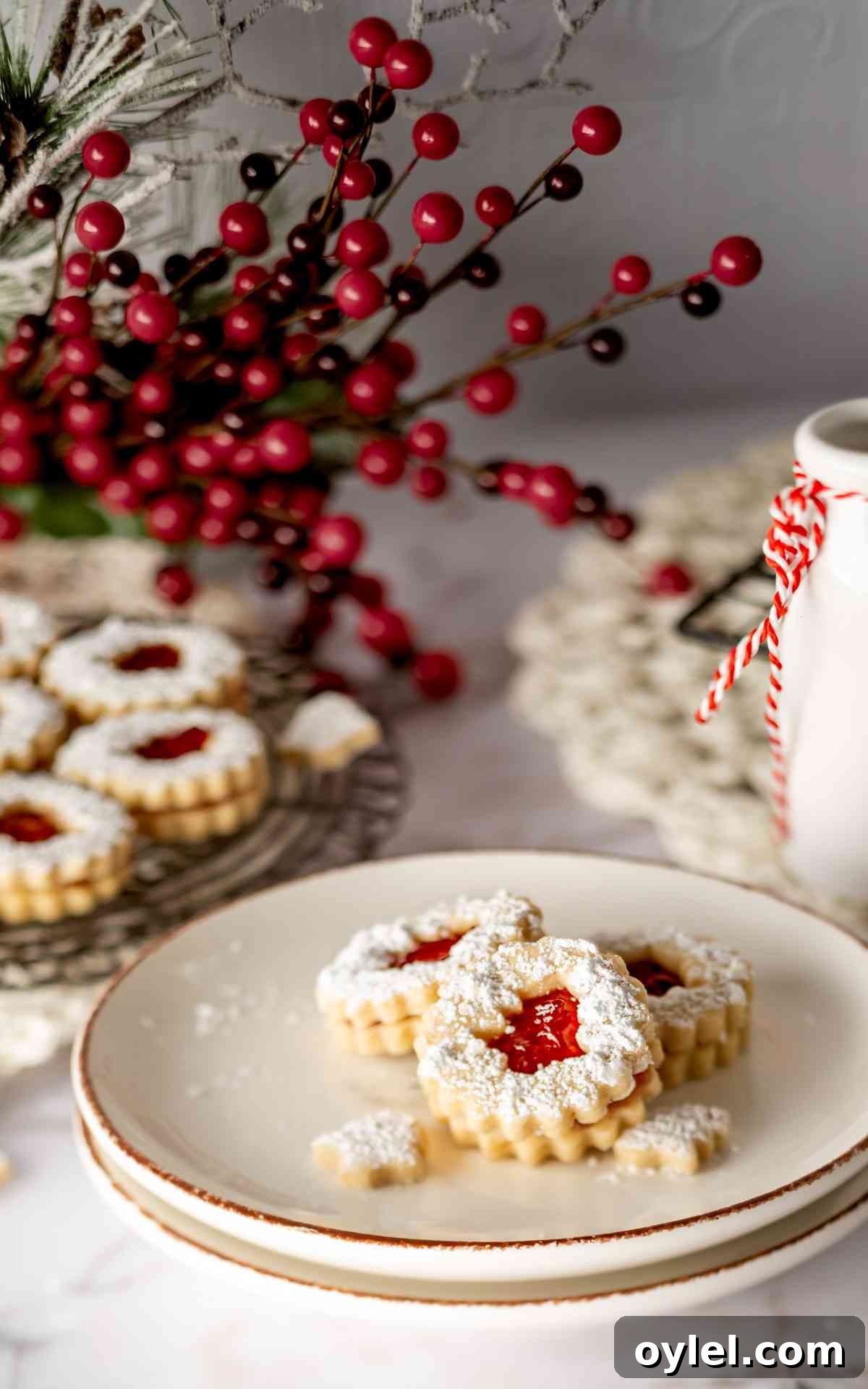 Christmas Linzer tarts on a Christmas plate.