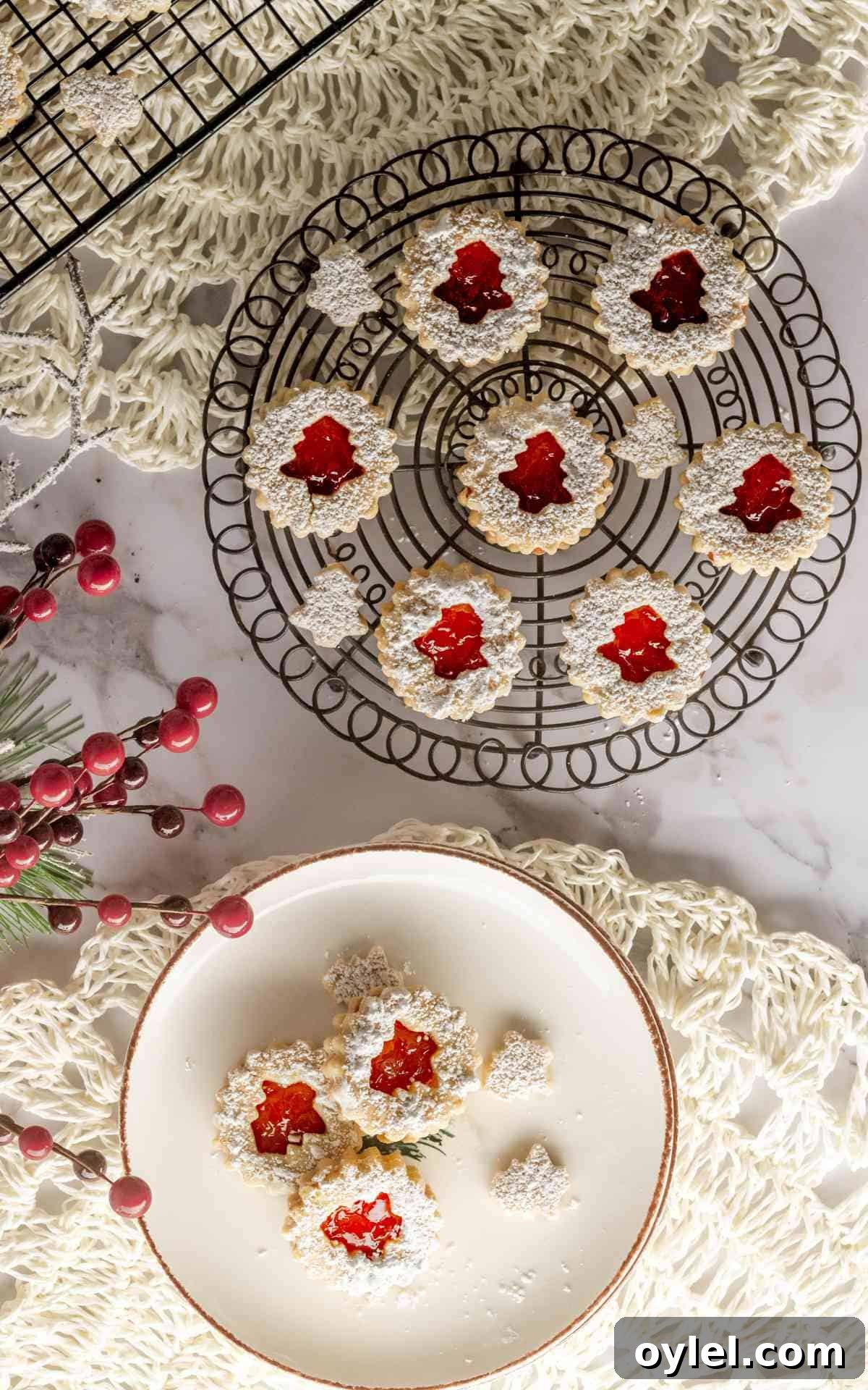 A cooling rack with linzer tarts and a plate of cookies dusted with powdered sugar.
