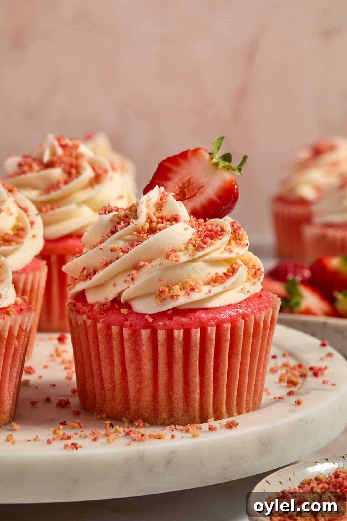 Strawberry Crunch Cupcakes Recipe with Crumble Topping 2 Strawberry crunch cupcakes topped with strawberry slice for garnish.