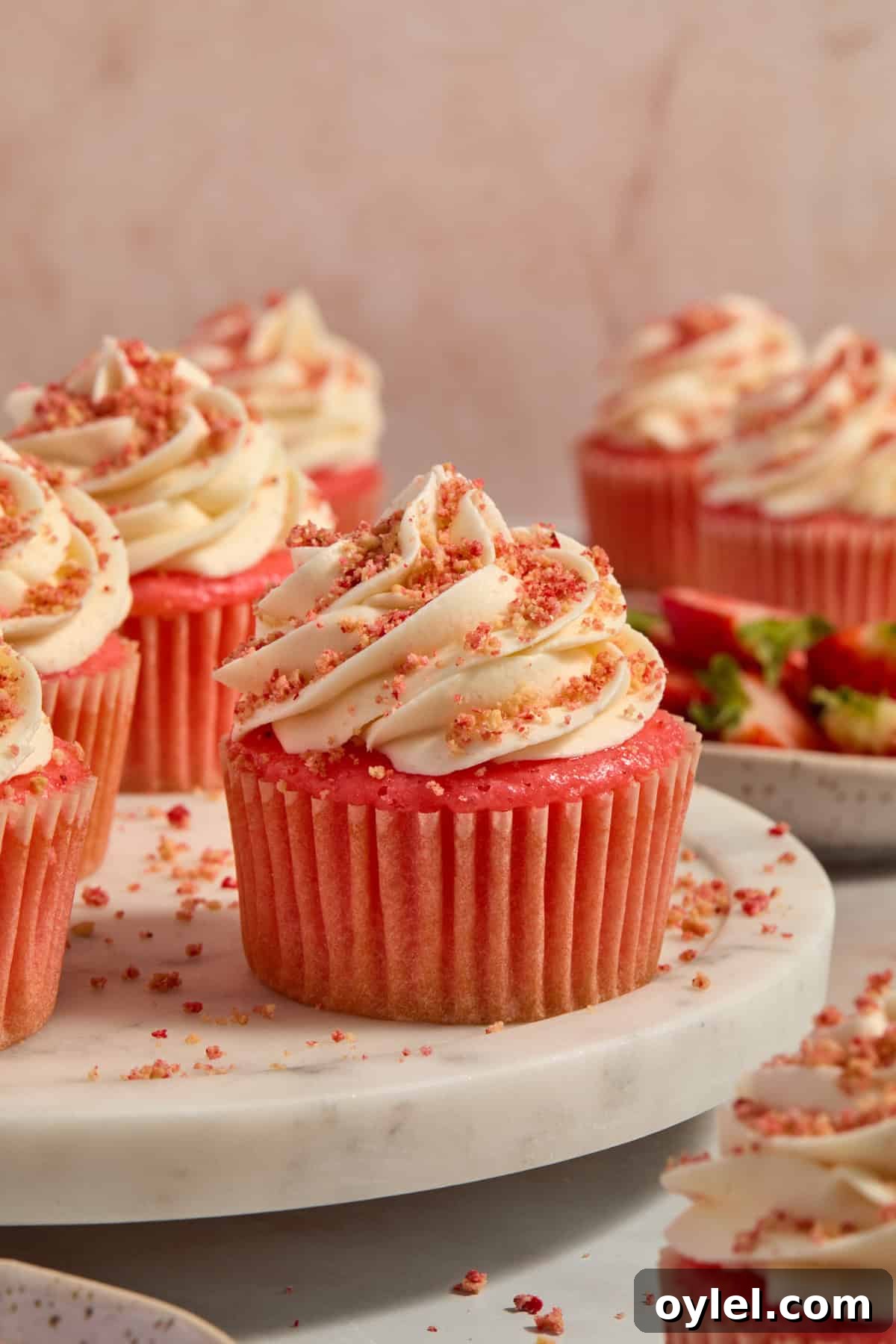 Strawberry Crunch Cupcakes Recipe with Crumble Topping 12 Strawberry cupcakes topped with vanilla piped buttercream and strawberry shortcake crunch topping.