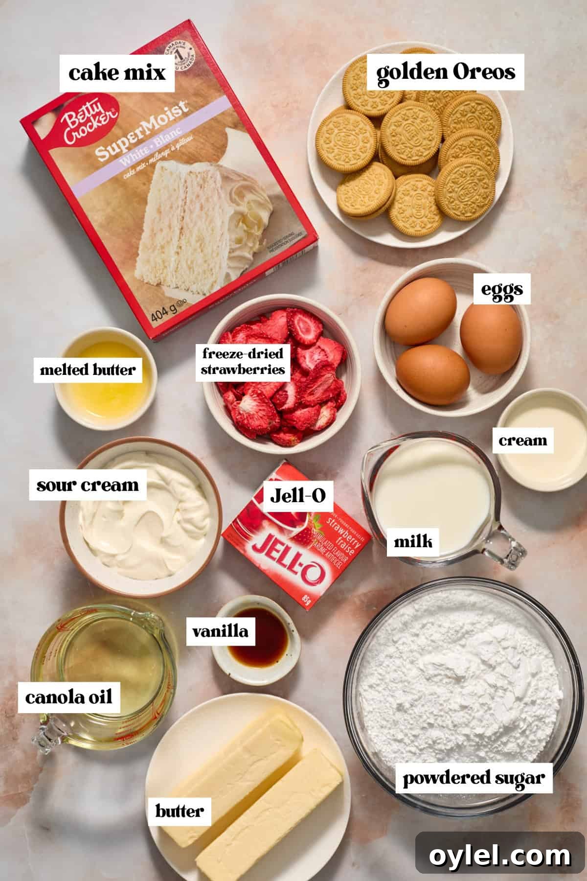 Strawberry Crunch Cupcakes Recipe with Crumble Topping 3 Cake mix, Jell-o mix box, butter and other ingredients for recipe.