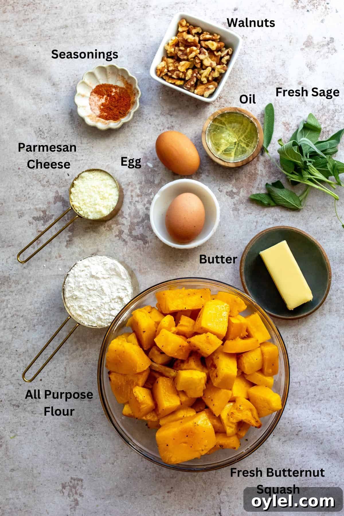 The ingredients of the squash gnocchi recipe.