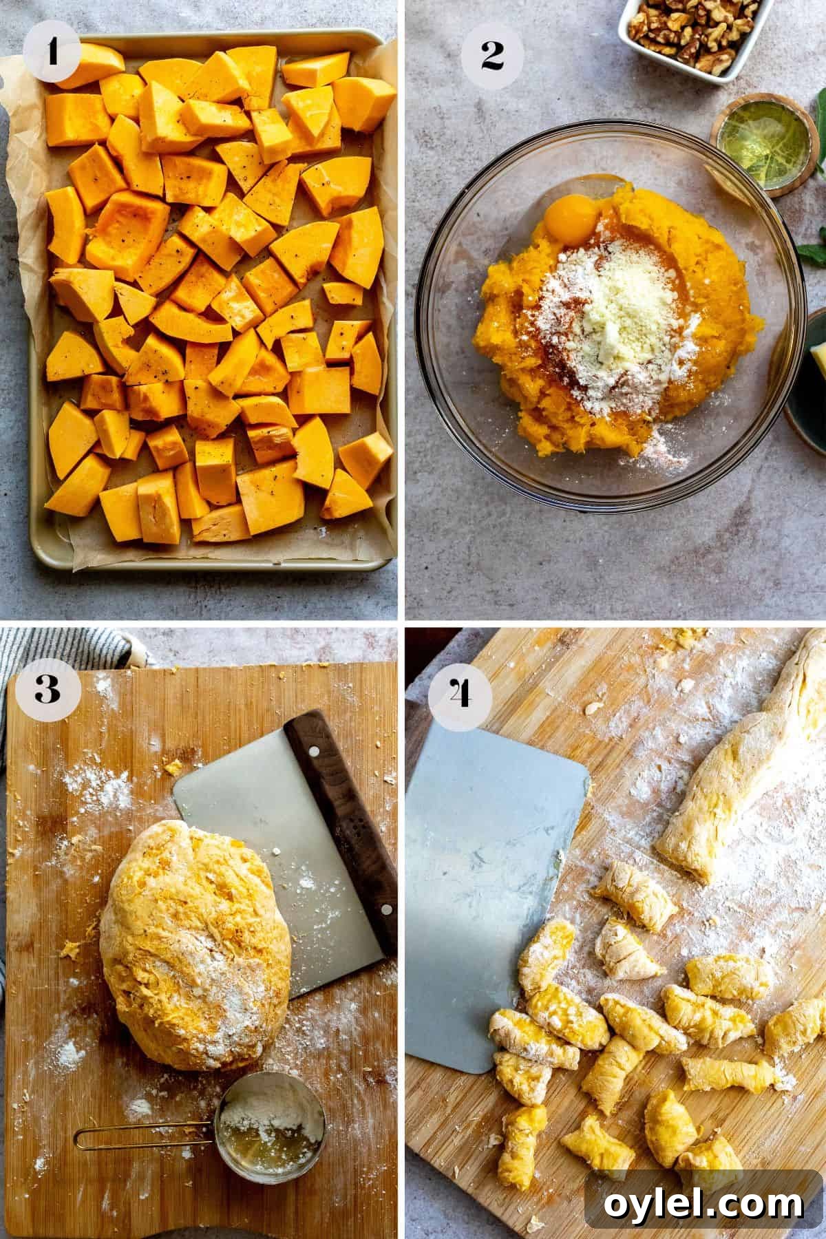 Roasting butternut squash in a pan and rolling the gnocchi in a board.