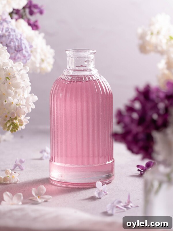 A small glass bottle filled with light purple lilac syrup