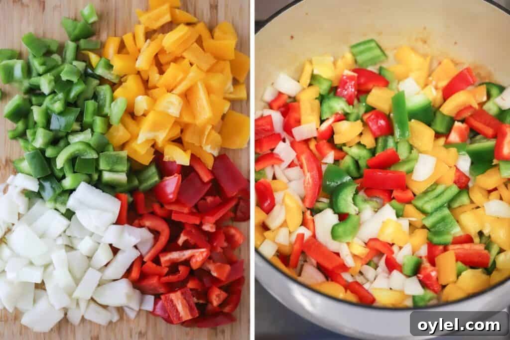 Diced onions and green, yellow, and red bell peppers in a dutch oven to make sausage and pepper penne. 