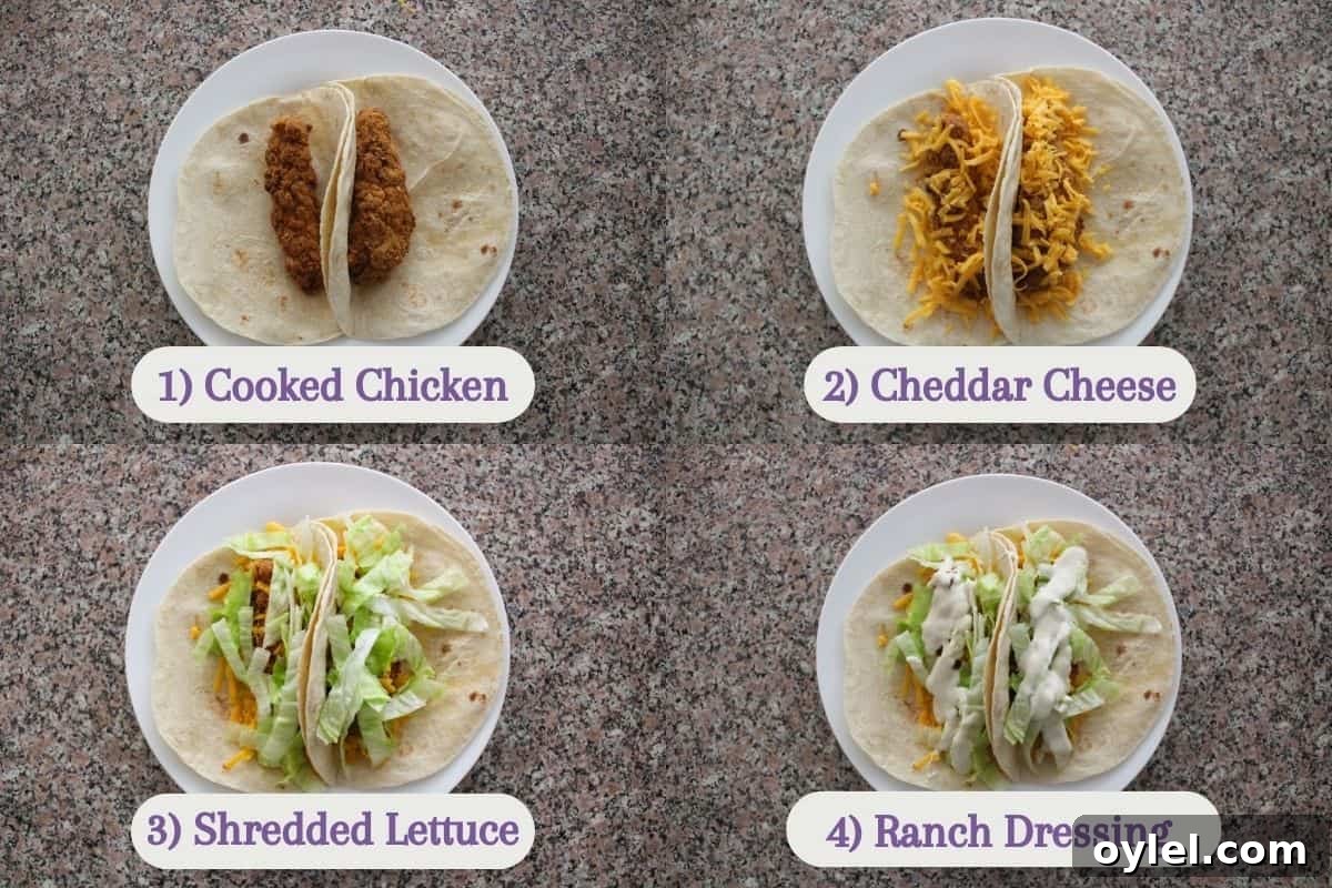 Four plates each show a tortilla being filled step by step: 1) with cooked chicken, 2) with cheddar cheese, 3) with shredded lettuce, 4) with ranch dressing, all labeled accordingly.