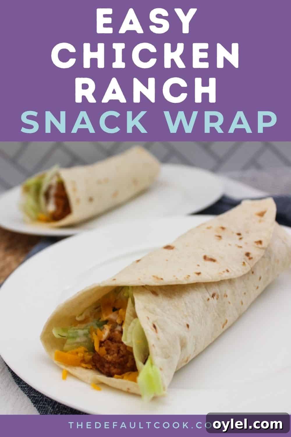Two chicken ranch snack wraps with lettuce and cheese are on white plates. The text above reads Easy Chicken Ranch Snack Wrap. The background is purple with white and teal lettering.