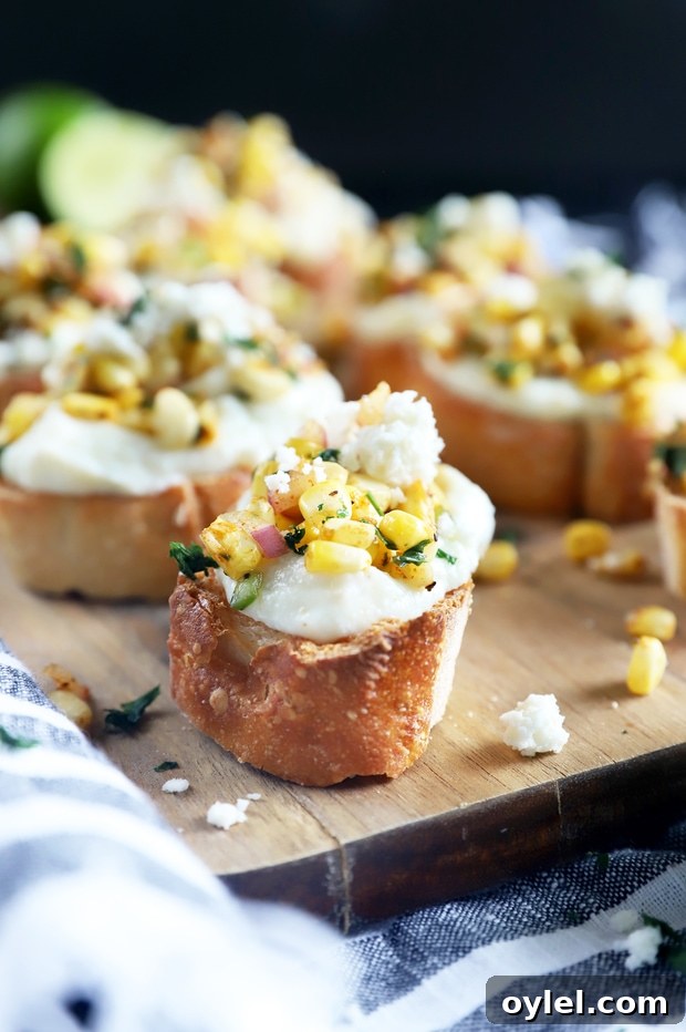Side photo of grilled mexican corn crostini