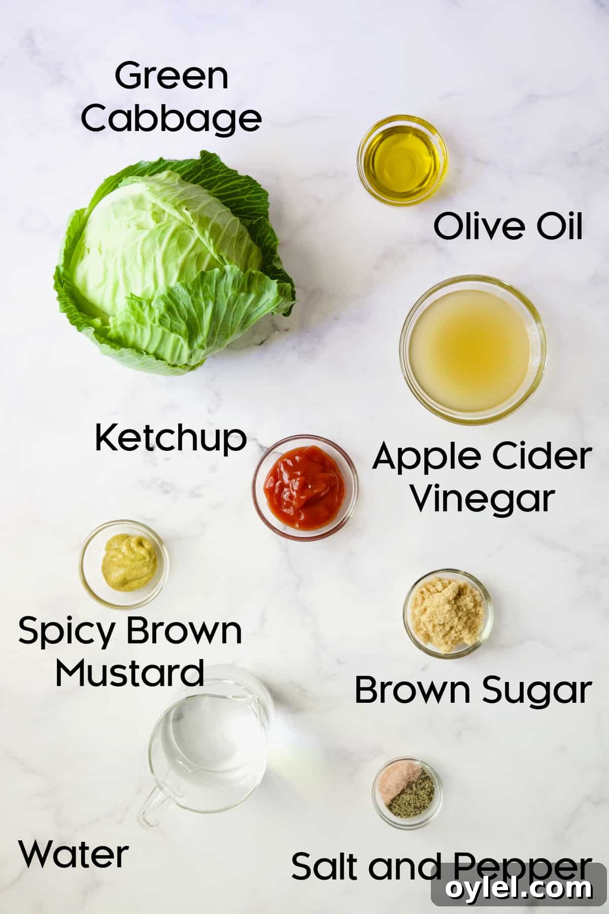 Ingredients for Cider Vinegar Braised Cabbage Wedges in glass bowls.