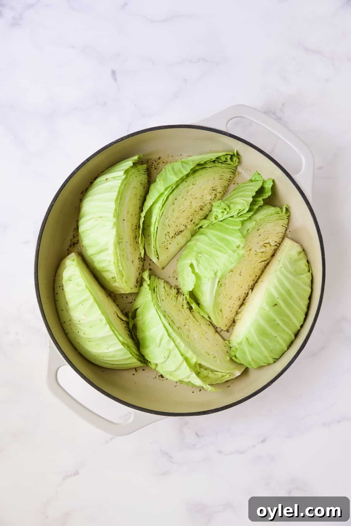 Six cabbage wedges in white enamel cast iron skillet before being browned and braised.