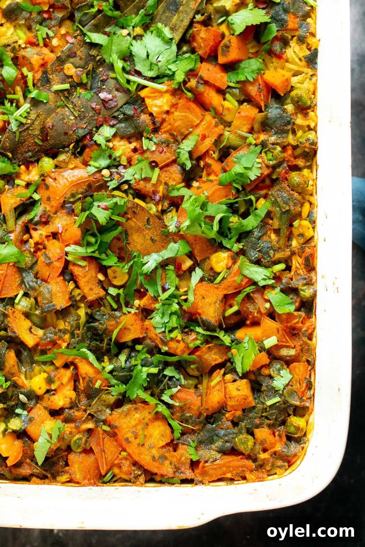 freshly baked vegan lentil rice casserole sprinkled with cilantro 