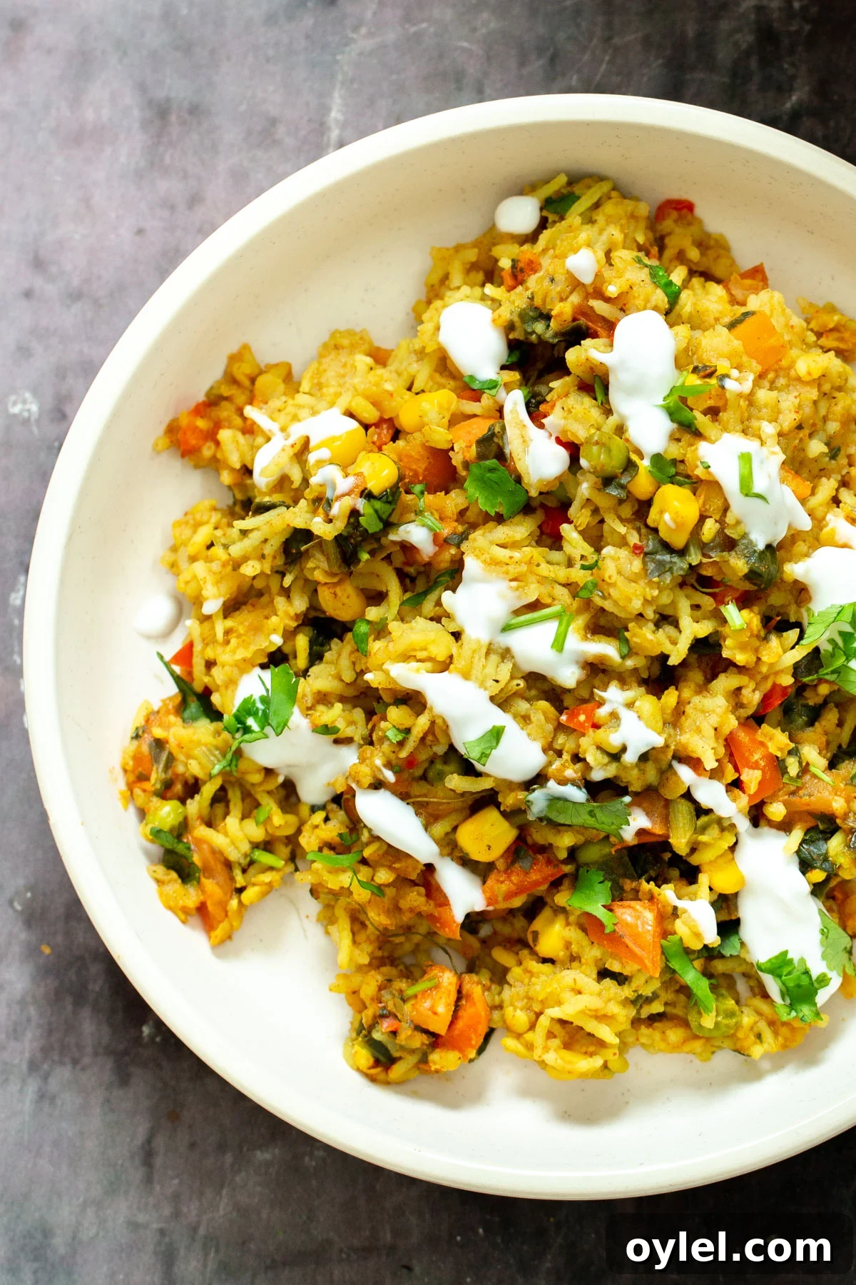 close up shot of a plate of Indian lentil rice casserole drizzles with vegan yogurt 