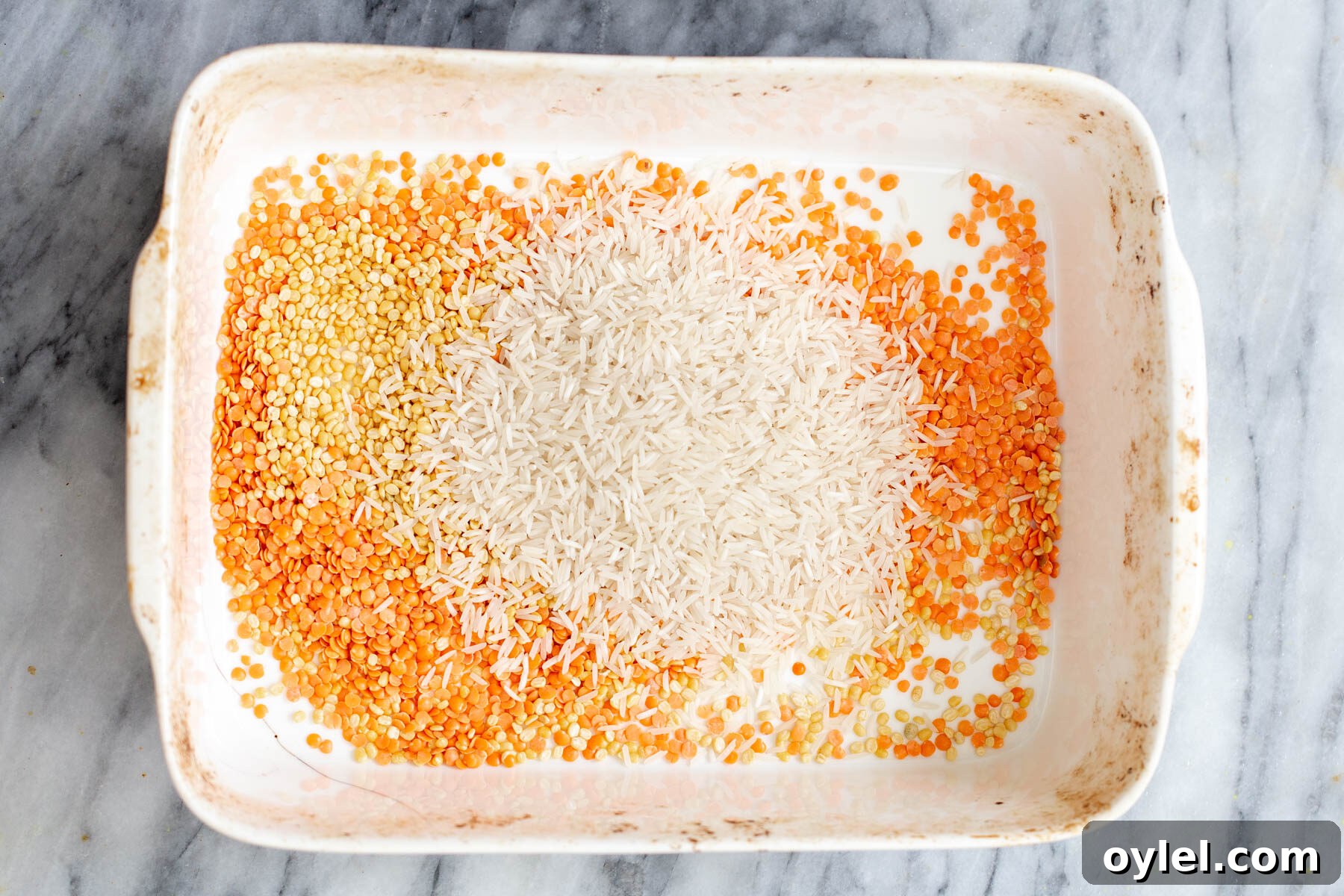 lentils and rice being added to a casserole dish 