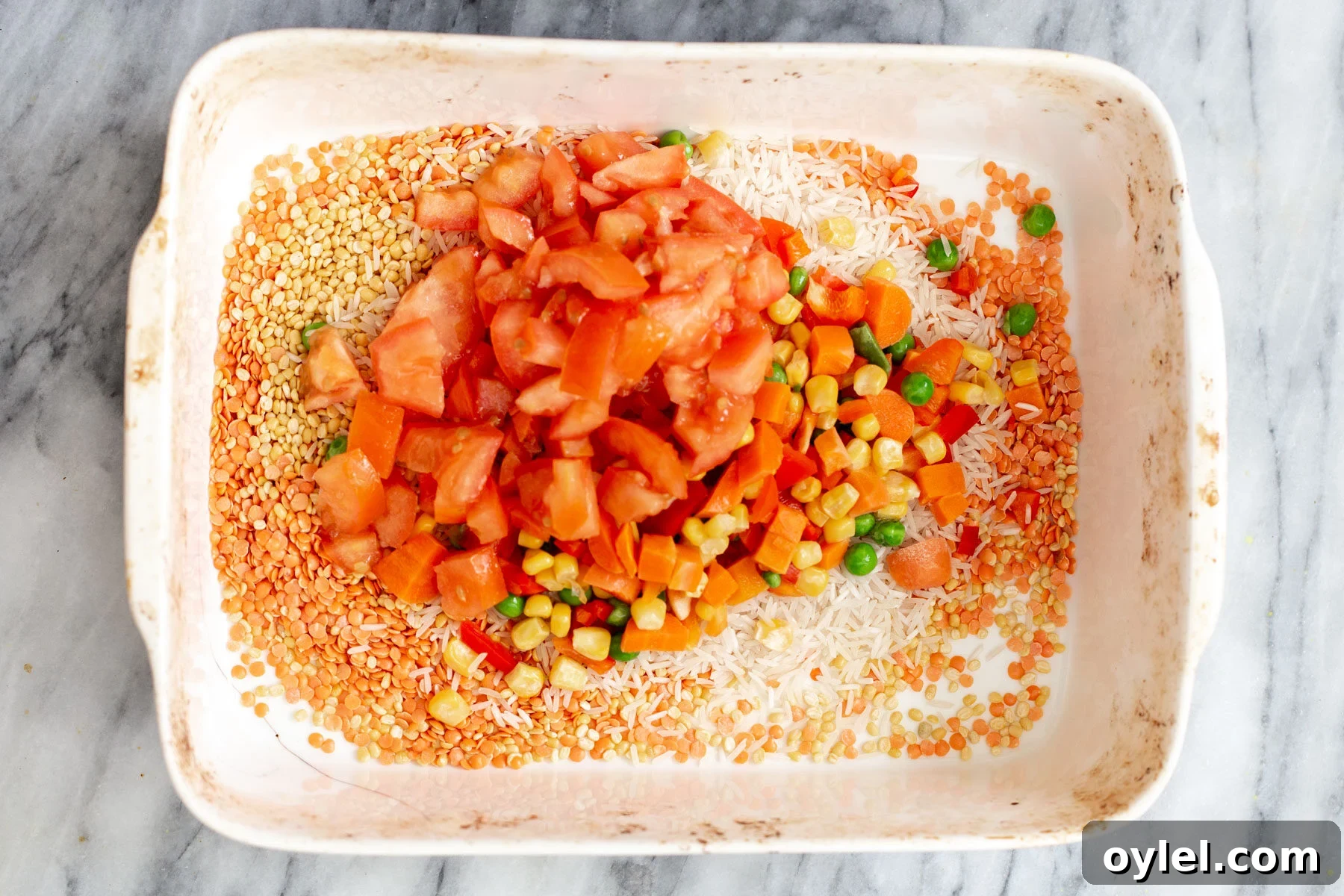 fresh tomatoes and veggies being added to rice and red lentils in a casserole dish