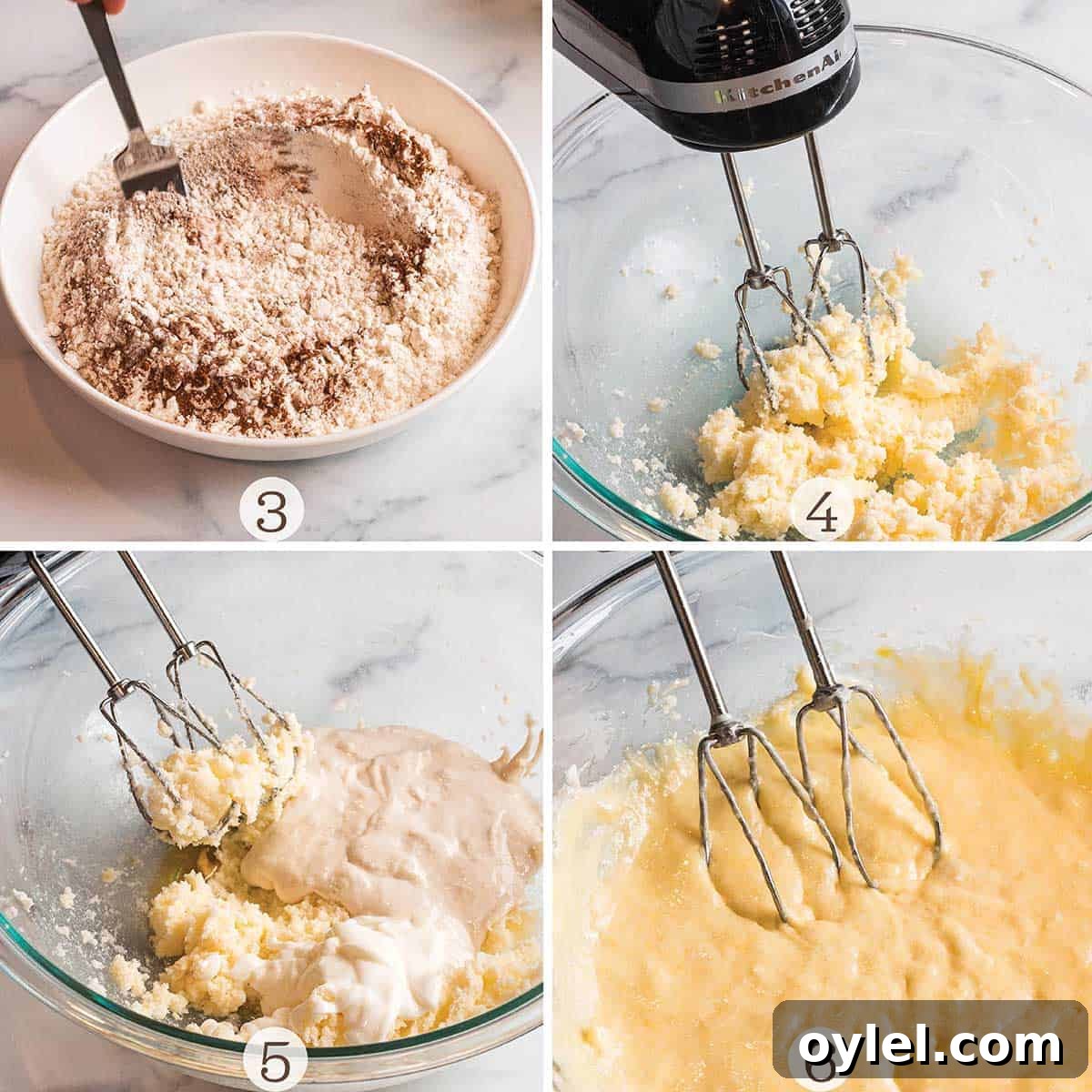 Moist Sourdough Discard Banana Bread Recipe 4 Four images showing how to make banana bread. Mixing the dry ingredients, creaming the butter and sugar and mixing in discard and eggs.