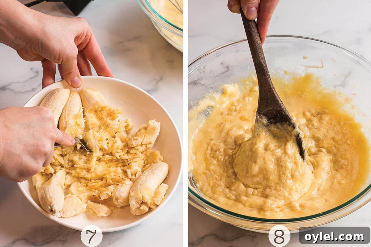 Moist Sourdough Discard Banana Bread Recipe 5 One photo of bananas being mashed with a fork and a second photo of a wooden spoon folding the banana into the batter.