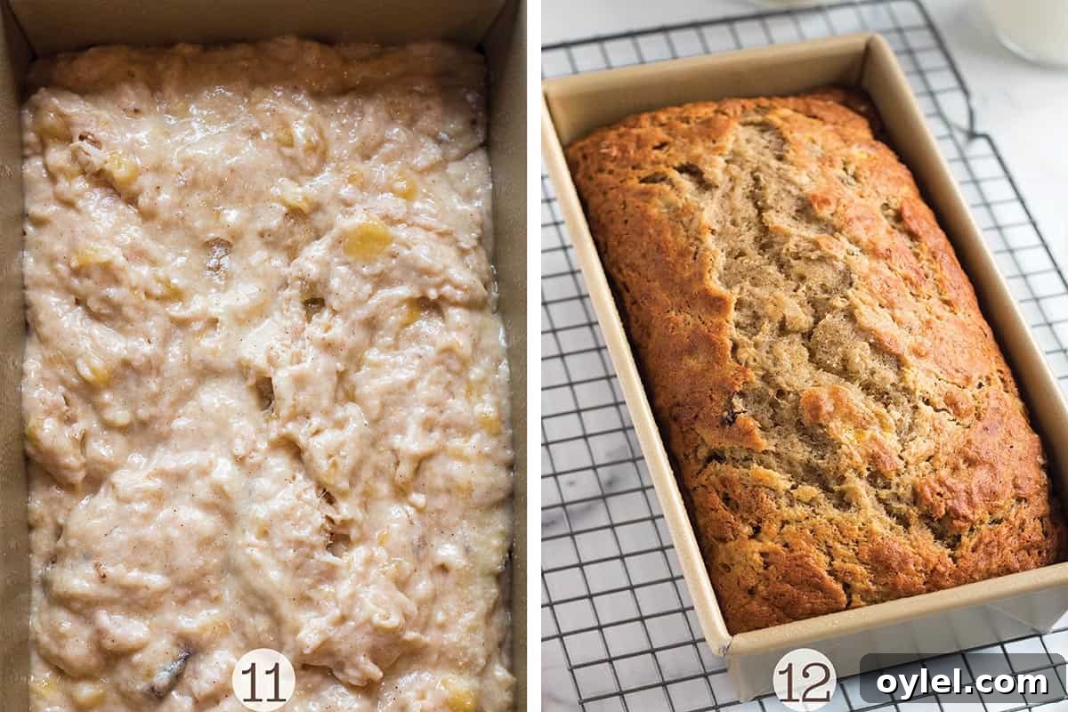 Moist Sourdough Discard Banana Bread Recipe 7 A pan with banana bread batter in a pan and a final image of baked sourdough banana bread.