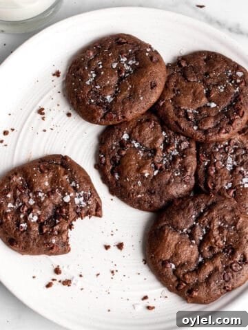 A white plate with chocolate sourdough cookies with sea salt on top.