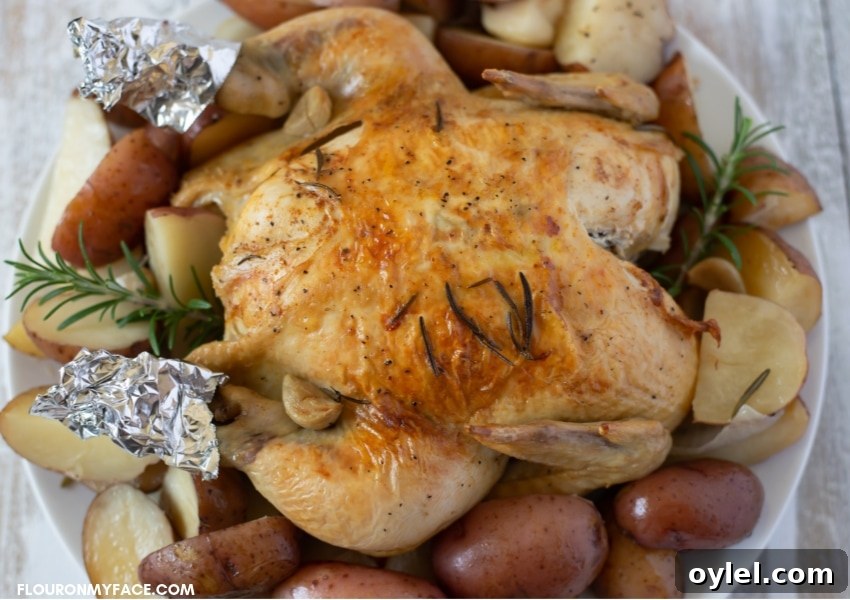 Crock Pot Rosemary Chicken made with a whole chicken served over red potatoes on a platter