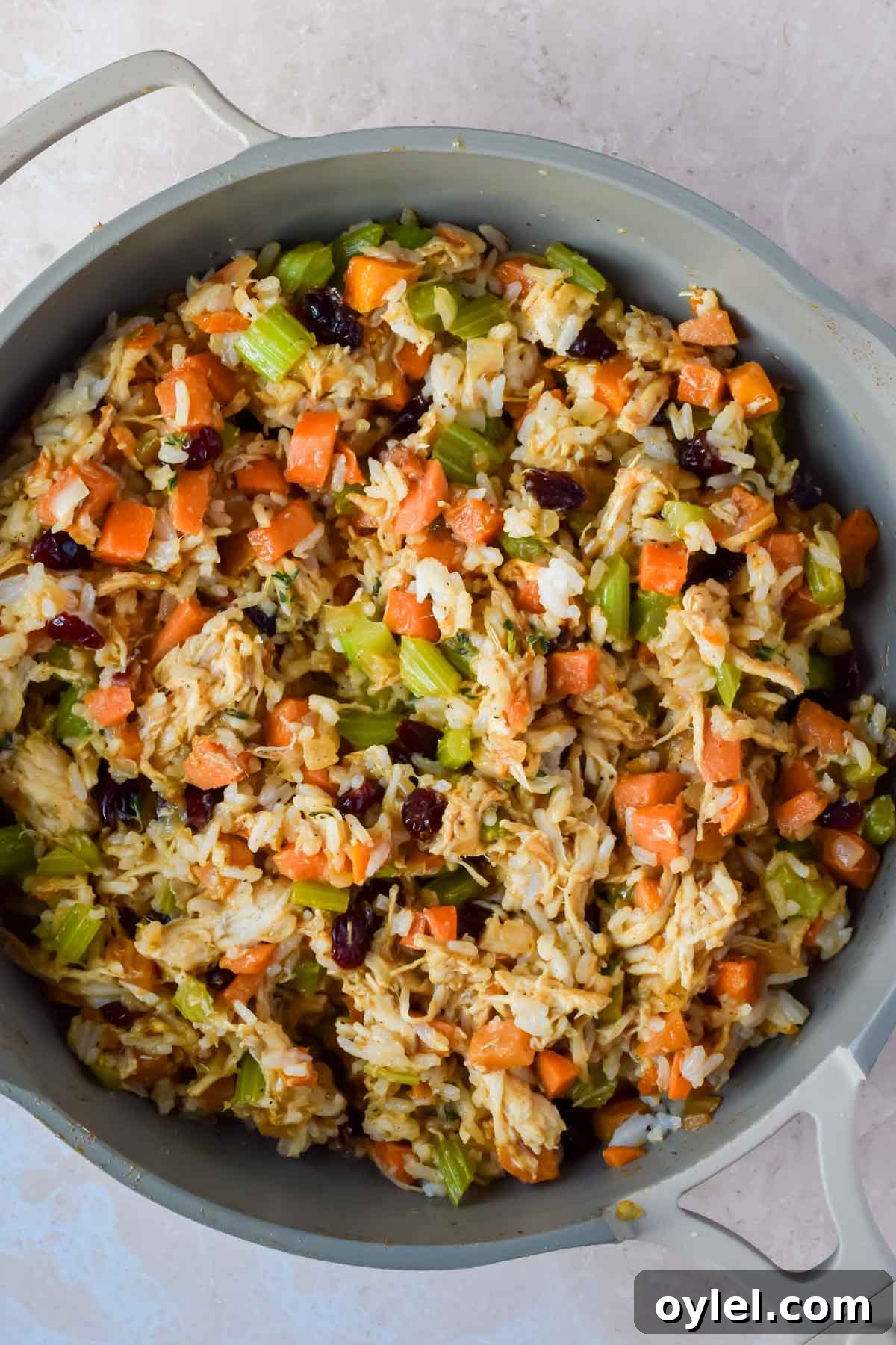 thanksgiving rice in gray skillet.
