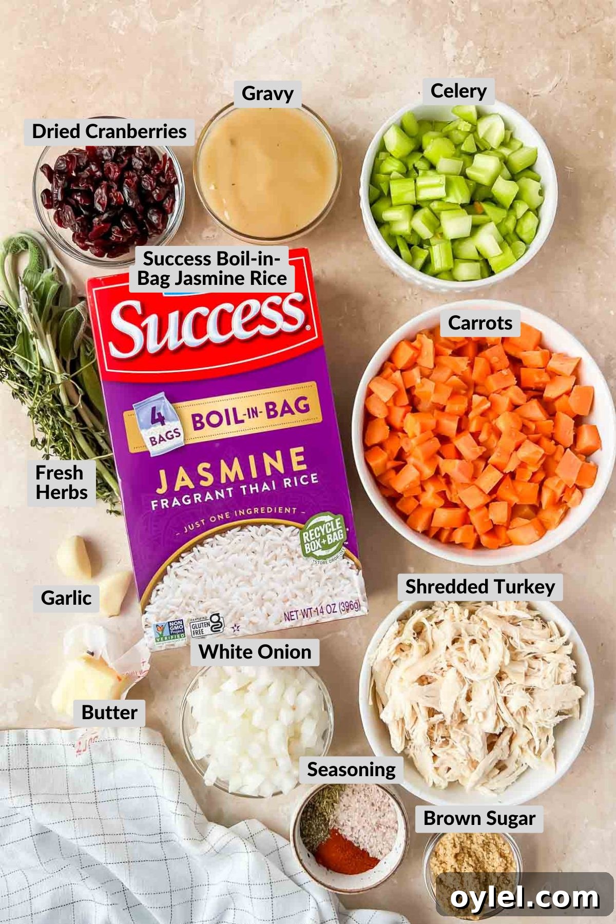 thanksgiving rice ingredients in individual bowls.