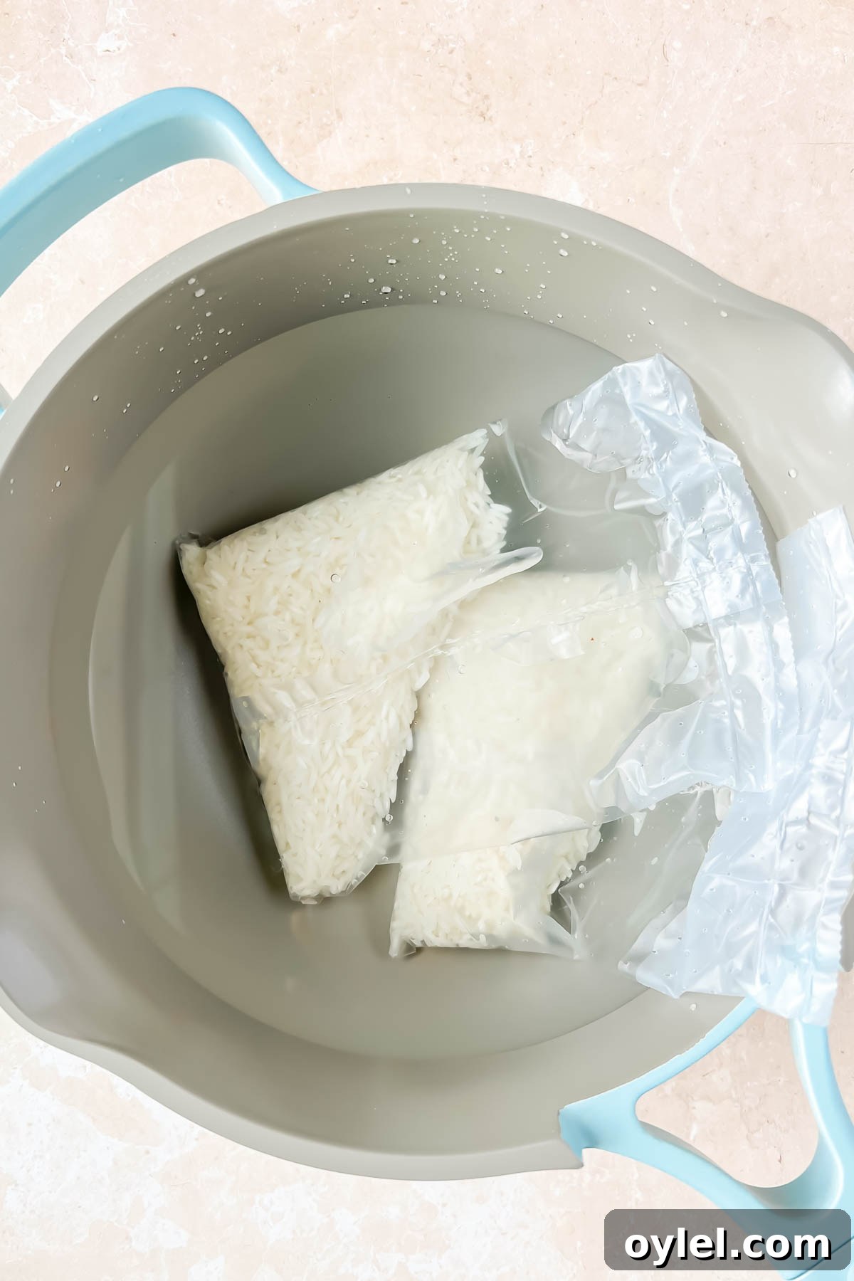 two bags of boil-in-bag rice in blue saucepot.