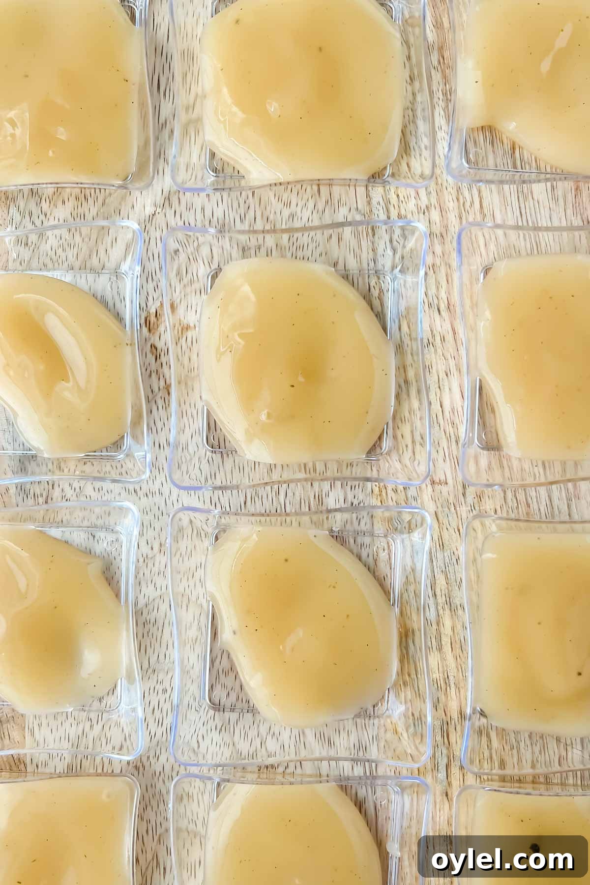 gravy in 12 glass dishes.