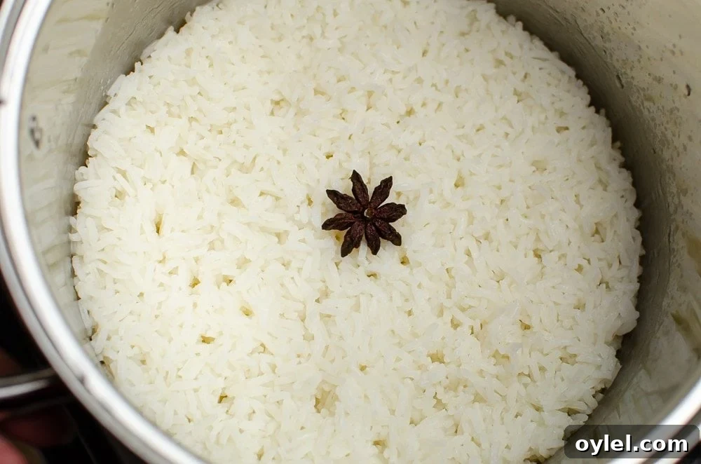Authentic Jasmine Sticky Rice Recipe from Thailand 11 Jasmine sticky rice all cooked with a star anise on top in a silver pot