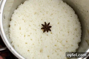 Authentic Jasmine Sticky Rice Recipe from Thailand 7 Jasmine sticky rice all cooked with a star anise on top in a silver pot