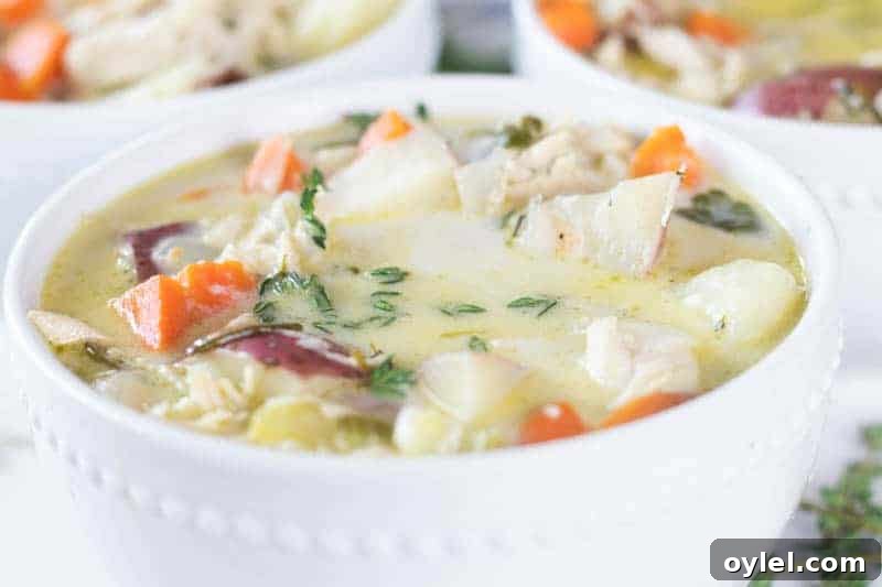 Creamy Whole30 Chicken Soup Recipe 2 Whole 30 creamy chicken soup in white bowl.